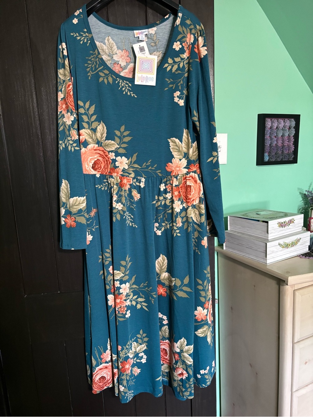 LuLaRoe Teal Floral Tank Dress with Peach Blooms